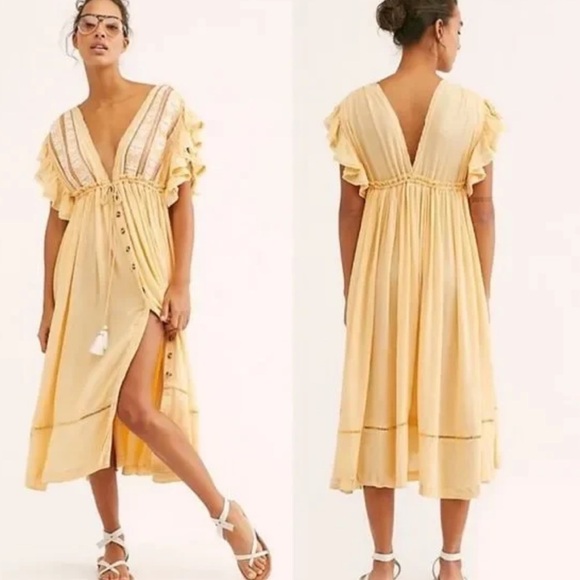 Free People Boho Embroidered Maxi Dress Gauze Flowy Beige Tan Cream Neutral - Picture 1 of 10